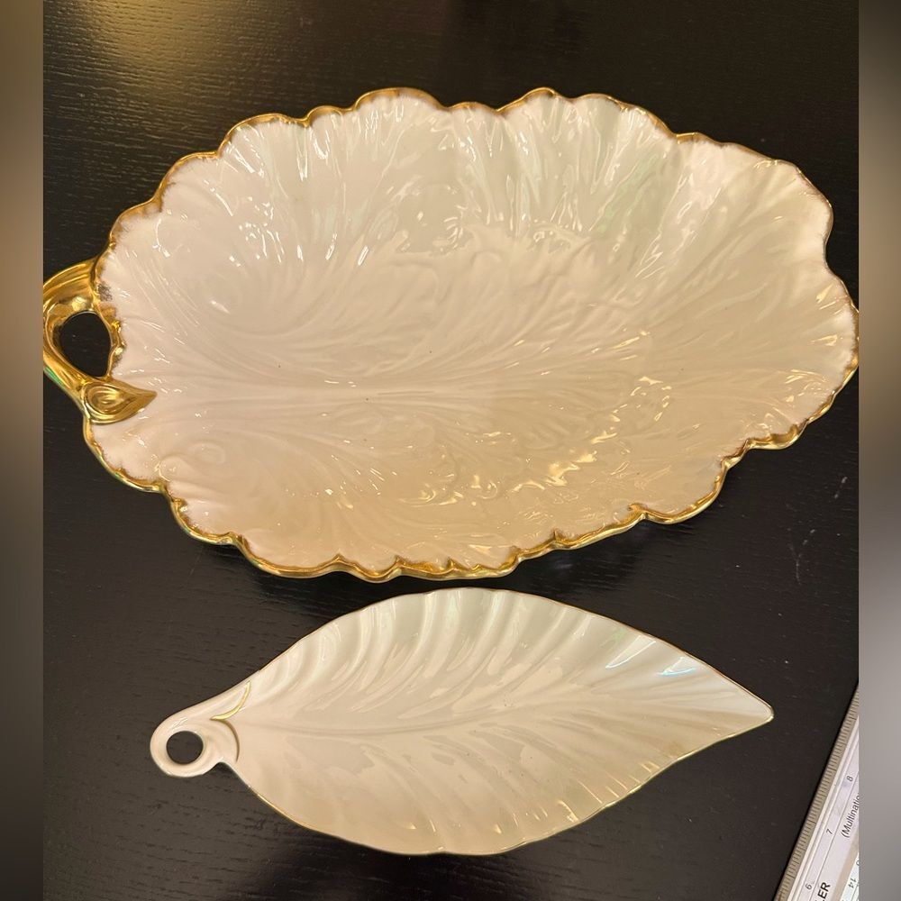 2 Lenox Leaf Bowls/Dish LARGE‎ 14” x 7” Bone China with 24kt Gold Trim